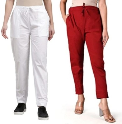 Myzora Regular Fit Women White, Maroon Trousers