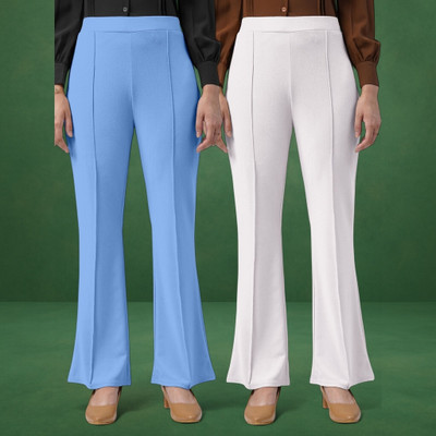 HouseOfCommon Comfort Fit, Regular Fit Women Light Blue, White Trousers