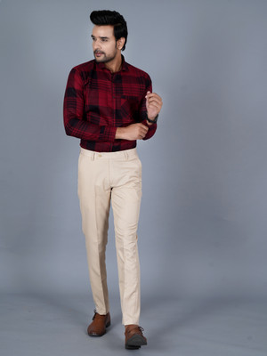 QVERR Slim Fit Men Beige Trousers