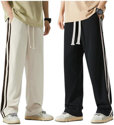 Leriya Fashion Straight Fit Men Cream, Black Trousers