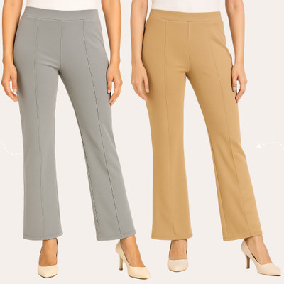Chrome & Coral Flared Women Cream, Grey Trousers