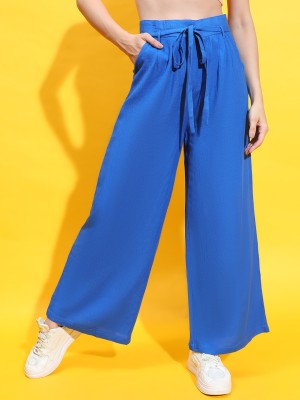 OXOLLOXO Women Blue Color Elasticated Waist With Tie-Knot Detail Cotton Pant Regular Fit Women Blue Trousers