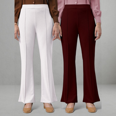lookskky Loose Fit Women White, Maroon Trousers