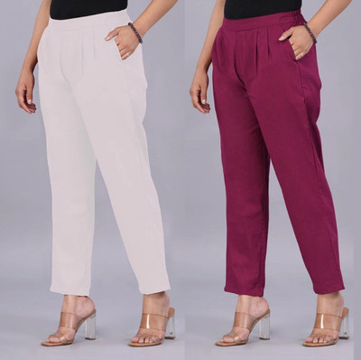 Solid stitching Regular Fit Women White, Maroon Trousers