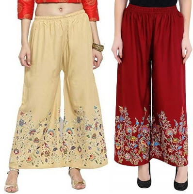 AFFLEON Flared Women Beige, Maroon Trousers
