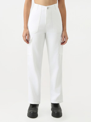 Kraus Jeans Women High-Rise Loose Fit Cargo Relaxed Women White Trousers