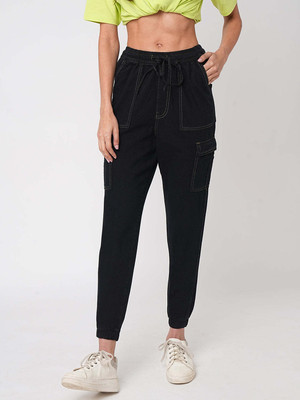 Kraus Jeans Women High-Rise Cargo Joggers Comfort Fit Women Black Trousers
