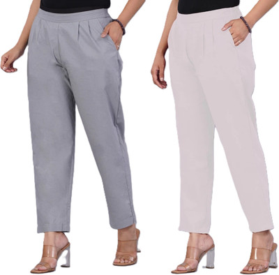 Solid stitching Regular Fit Women Grey, White Trousers