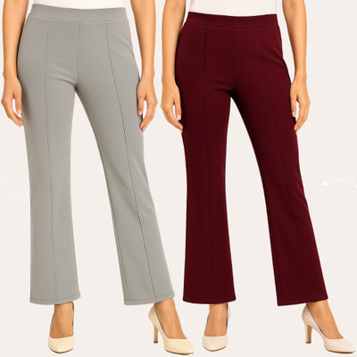 Chrome & Coral Flared Women Grey, Maroon Trousers