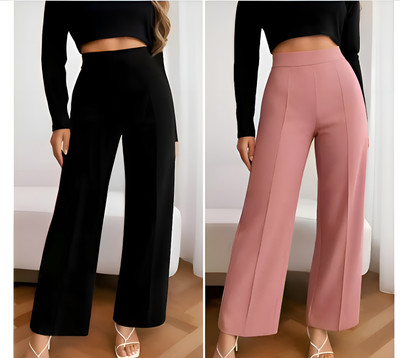 KOMAL Straight Fit Women Black, Pink Trousers