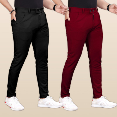 GIBBONTE Slim Fit Men Black, Maroon Trousers