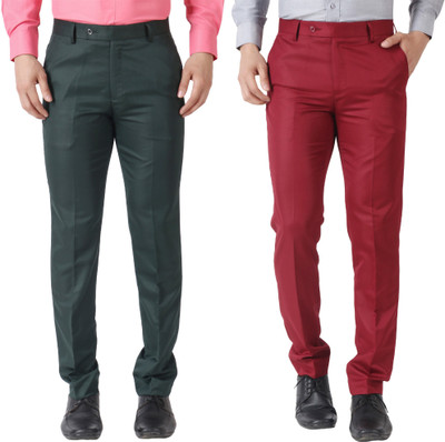 SYLZON Slim Fit Men Dark Green, Maroon Trousers