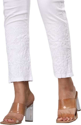 premium chikan Slim Fit Women White Trousers