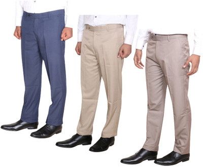KAVYA Regular Fit Men Cream, Beige, Dark Blue Trousers