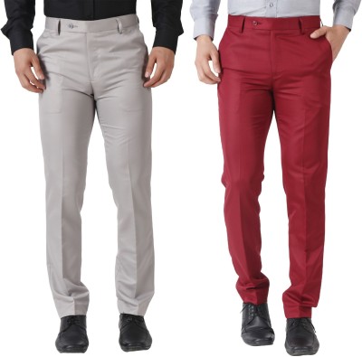 Maleno Slim Fit Men Grey, Maroon Trousers