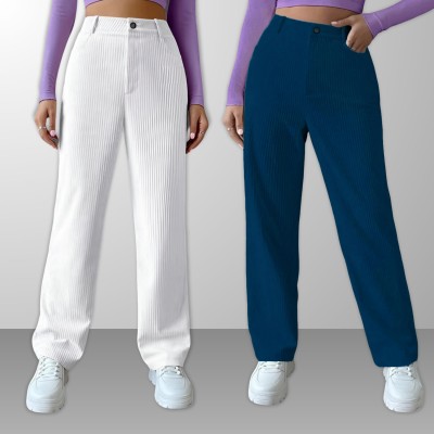 GIBBONTE Loose Fit Women White, Blue Trousers