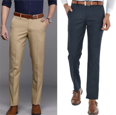 Macberrys Regular Fit Men Cream, Blue Trousers