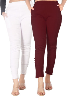Deepa Skinny Fit Women White, Maroon Trousers