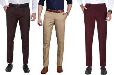 Macberrys Regular Fit Men Brown, Cream, Maroon Trousers