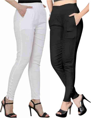 GOODZHUB Slim Fit Women White, Black Trousers