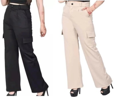 3B EMPIRE Straight Fit Women Black, Cream Trousers