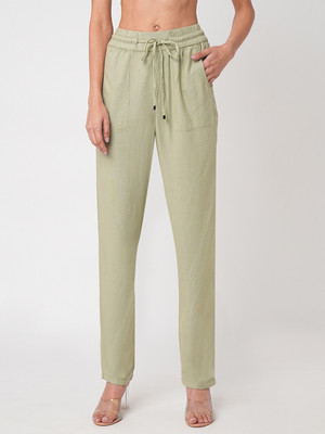 Kraus Jeans Women Light Olive High-Rise Paper Bag Pants Comfort Fit Women Light Green Trousers