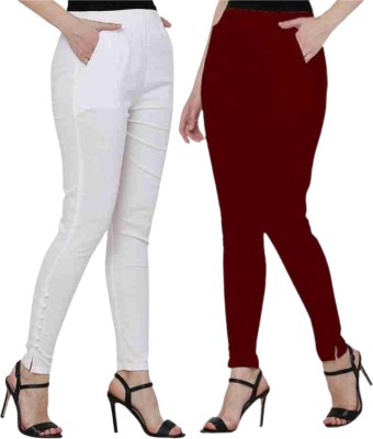 GOODZHUB Slim Fit Women White, Maroon Trousers