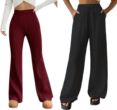 Khdijh Creation Regular Fit, Comfort Fit Women Maroon, Black Trousers