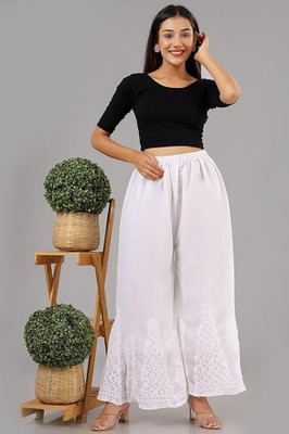ADR CHIKANKARI Flared Women White Trousers