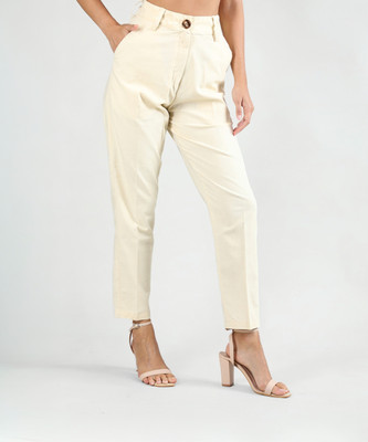 CHKOKKO Regular Fit Women Cream Trousers
