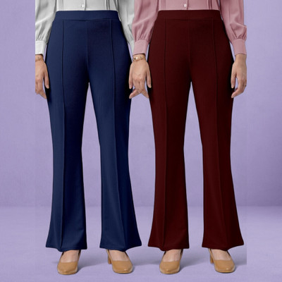 HouseOfCommon Comfort Fit, Regular Fit Women Dark Blue, Maroon Trousers