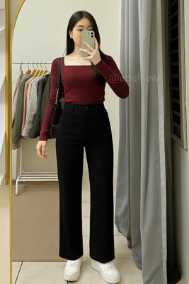 urban streetwear Straight Fit Women Black Trousers