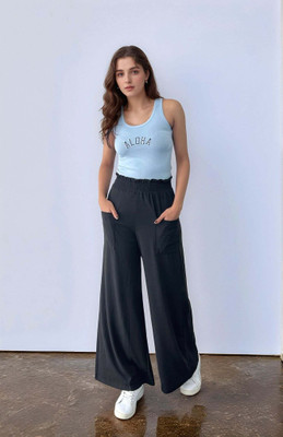 OUTZIDR Flared Women Black Trousers