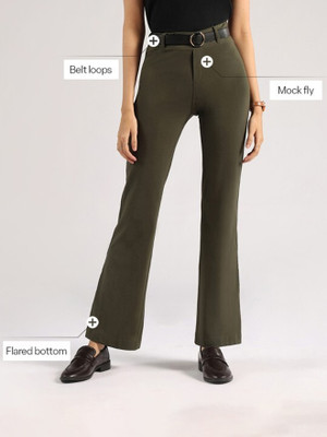 BlissClub AM:PM Cotton Flare Pants, Lite - Tall Regular Fit Women Green Trousers