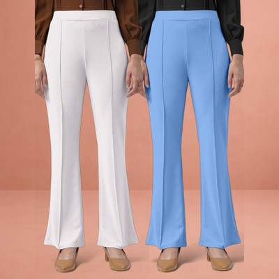 lookskky Loose Fit Women White, Light Blue Trousers
