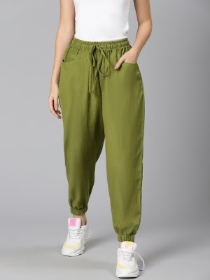 OXOLLOXO Women Regular Fit Polyester Solid Casual Khaki Pant Regular Fit Women Green Trousers