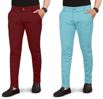 DUDE BERRY Regular Fit Men Light Blue, Maroon Trousers