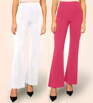 GLOWIC Flared Women White, Pink Trousers