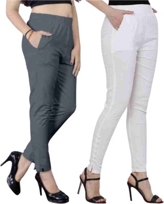 GOODZHUB Slim Fit Women White, Grey Trousers