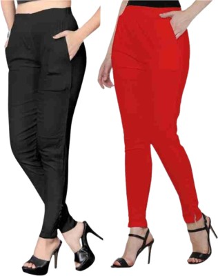 GOODZHUB Slim Fit Women Black, Red Trousers