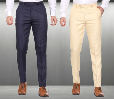 SYLZON Slim Fit Men Dark Blue, Cream Trousers
