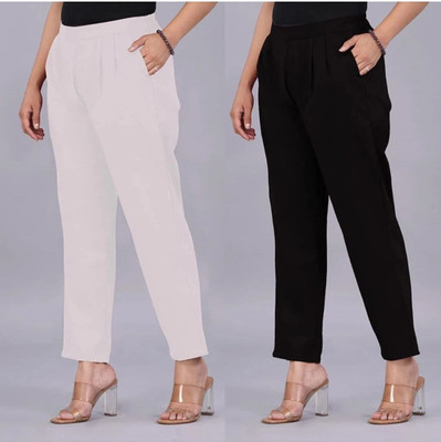 Solid stitching Comfort Fit Women Black, White Trousers