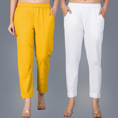 QuaClo Regular Fit Women Yellow, White Trousers