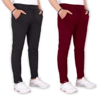 Regular Fit Men Black, Maroon Trousers