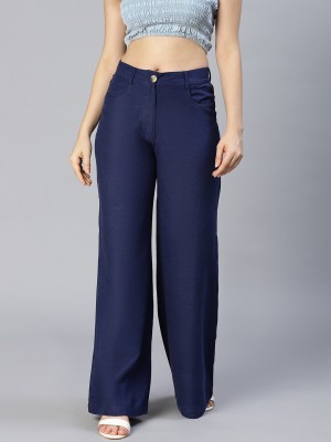 OXOLLOXO Women Regular Fit Cotton Solid Casual Blue Pant Regular Fit Women Blue Trousers