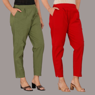 Zucii Regular Fit Women Dark Green, Red Trousers
