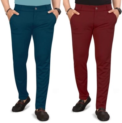 lapataclub Slim Fit Men Light Blue, Maroon Trousers