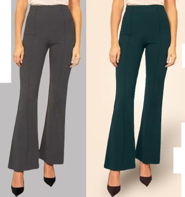 GLOWIC Flared Women Grey, Green Trousers