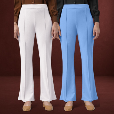 lookskky Loose Fit Women White, Light Blue Trousers