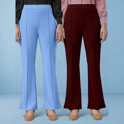 HouseOfCommon Comfort Fit, Regular Fit Women Light Blue, Maroon Trousers